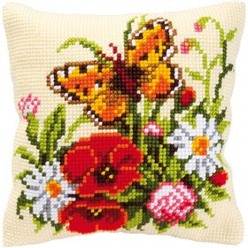 Cross stitch cushion kit Flowers with a butterfly