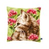 Cross stitch cushion kit Cat in field of flowers